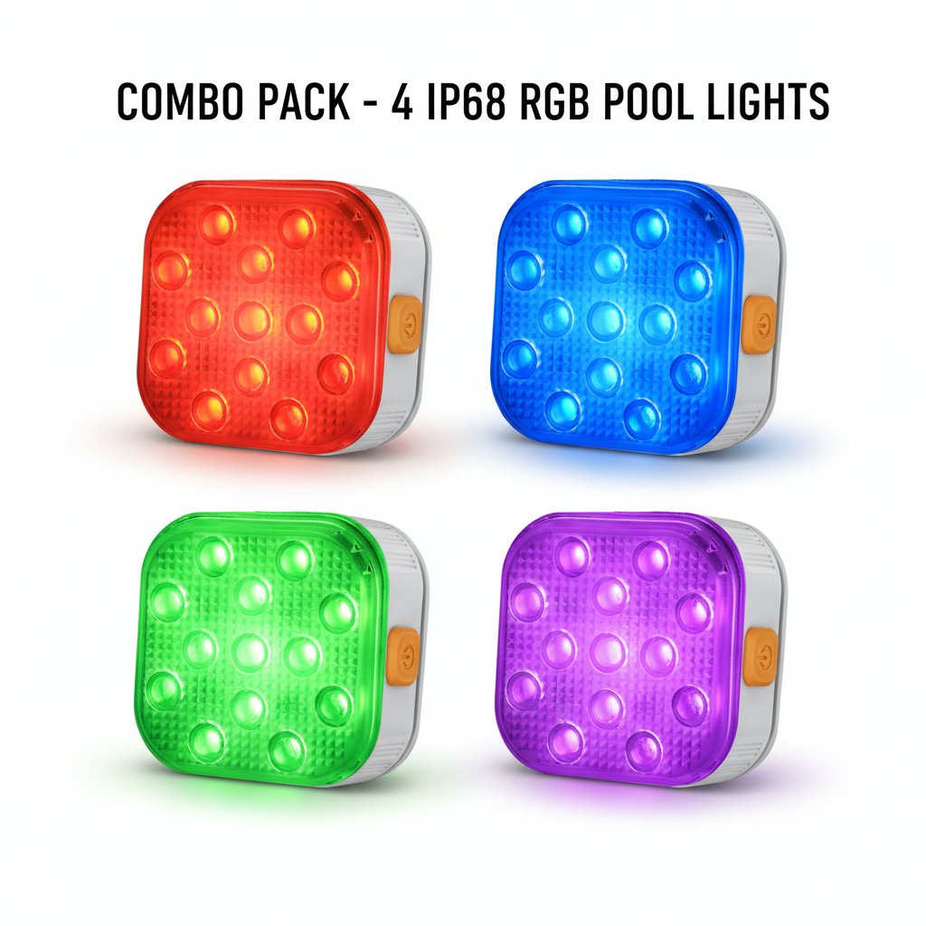 Rechargeable RGB pool lights 4-pack on white background showing all 4 lights