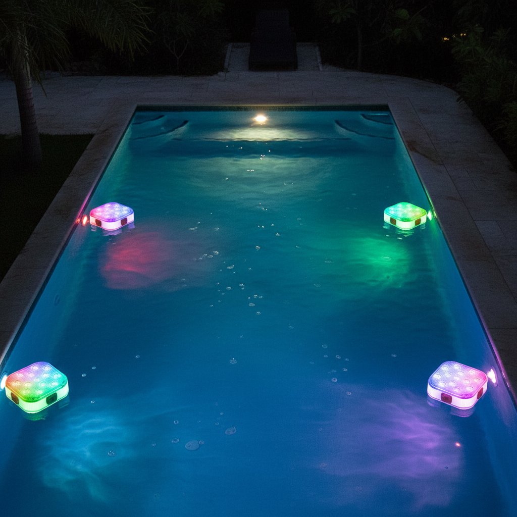 4-pack IP68 pool lights glowing in swimming pool at night with vibrant RGB colors