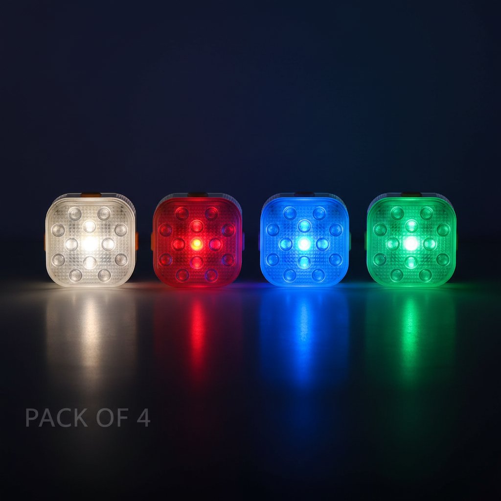 Set of 4 rechargeable LED pool lights on dark background showing red blue green white colors