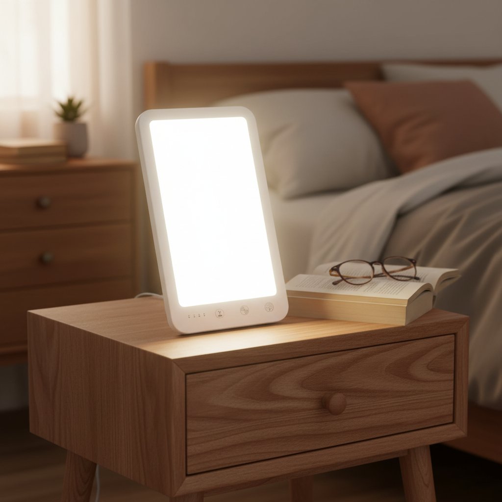 SAD light therapy lamp on bedside table - cozy bedroom morning light therapy