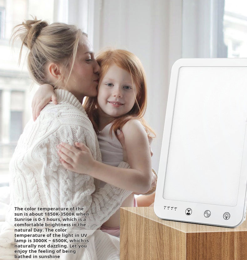 SAD therapy lamp in bedroom lifestyle setting - morning routine light therapy