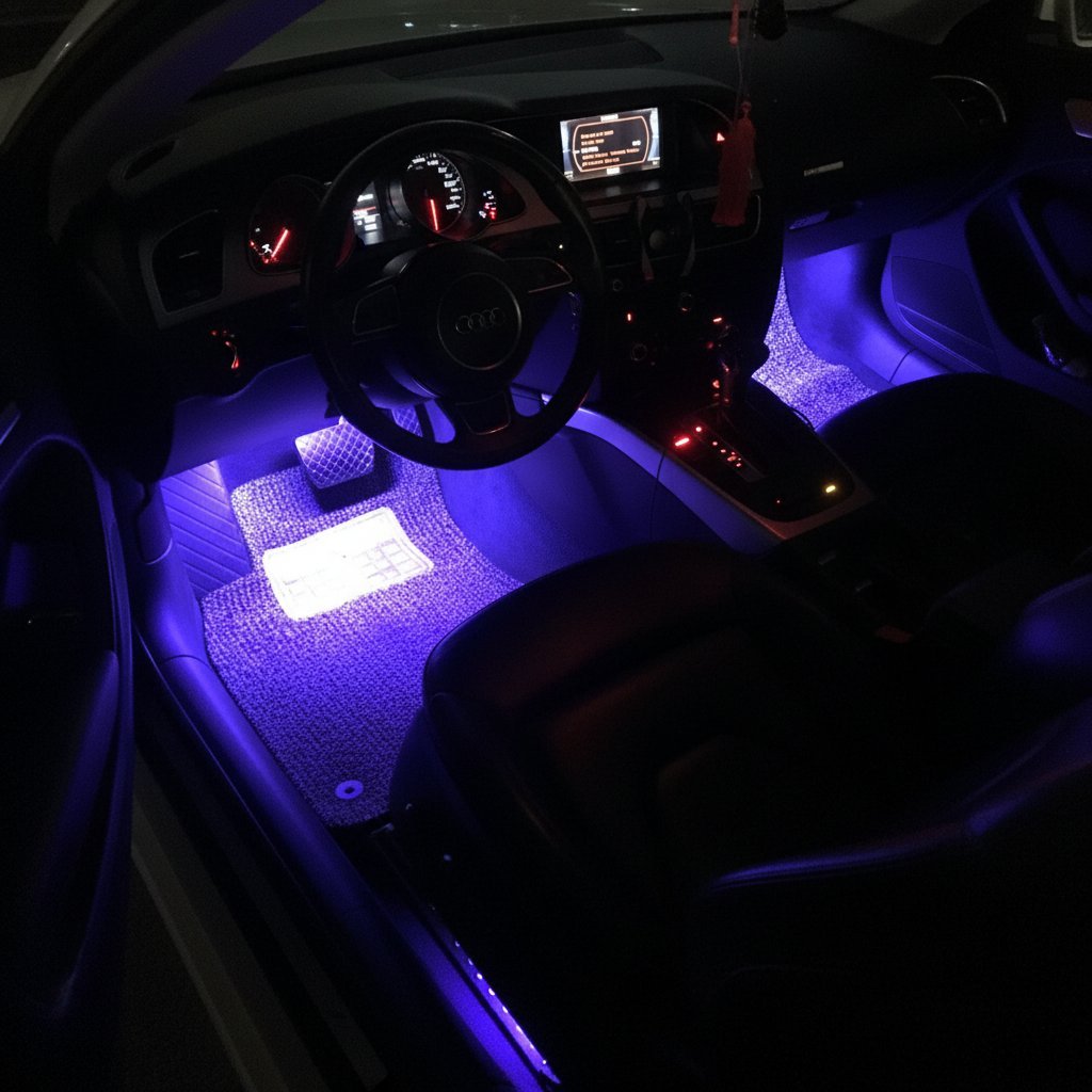 car interior LED ambient lights purple footwell glow at night