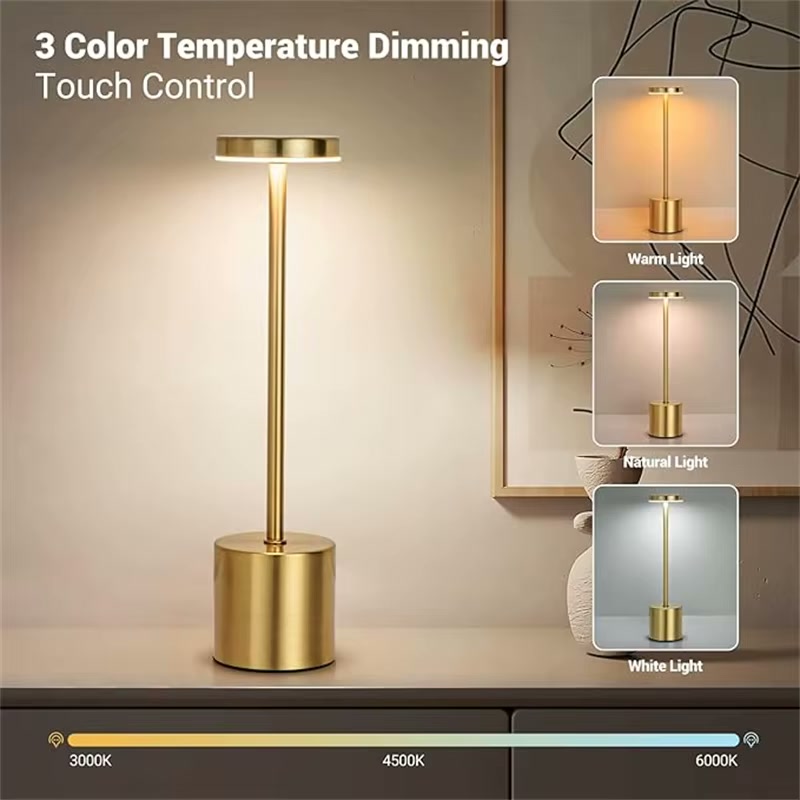 Gold touch lamp 3 colour temperature dimming — warm 3000K, natural 4500K and white 6000K light previews with kelvin scale