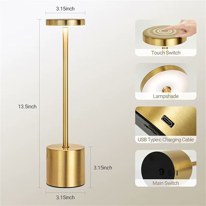 Gold rechargeable touch lamp dimensions diagram — 3.15 inch top and base, 13.5 inch height, with touch switch, lampshade, USB type-c and main switch detail callouts