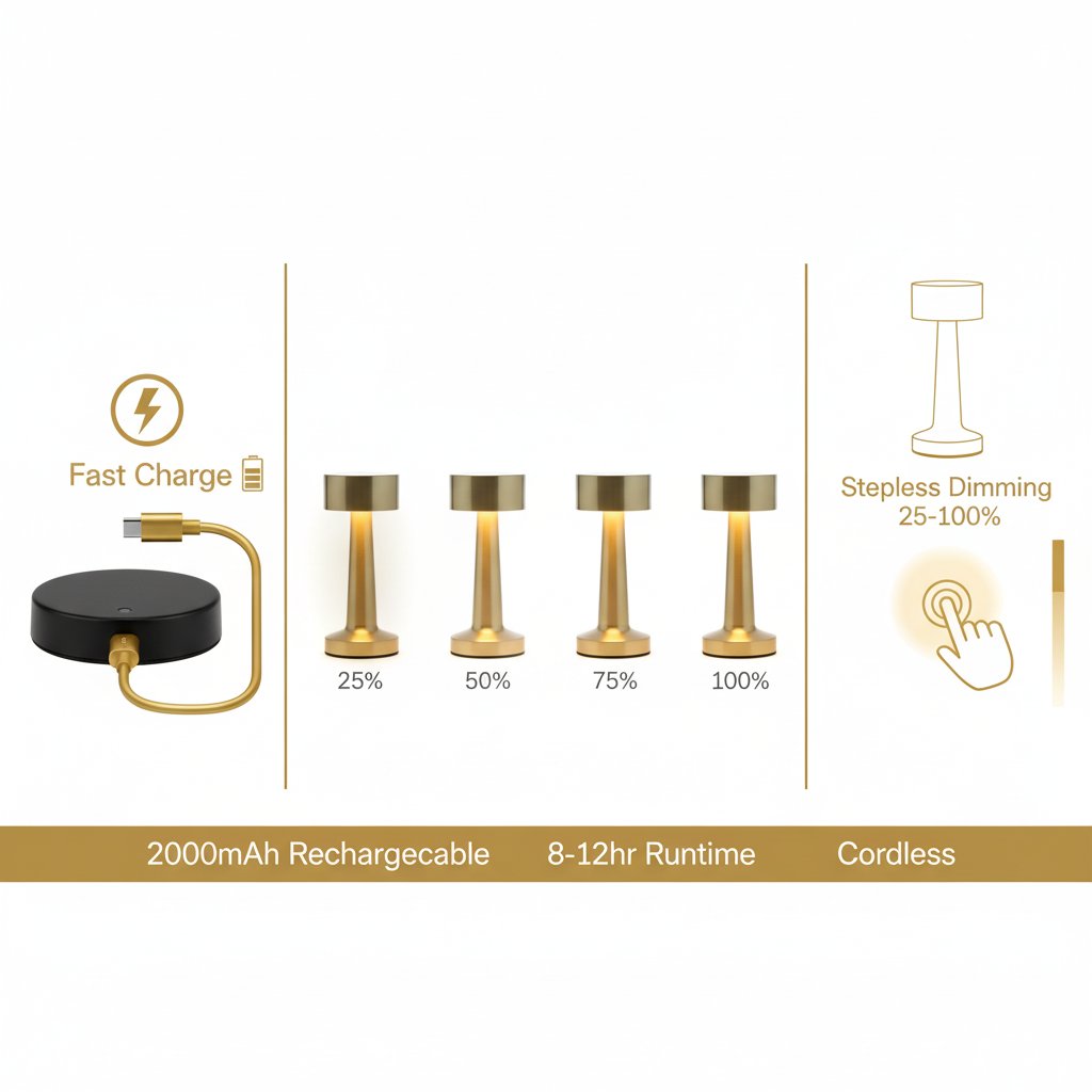 Gold Nordic LED Metal Retro Table Lamp USB-C charging stepless dimming 25-100% rechargeable 2000mAh battery