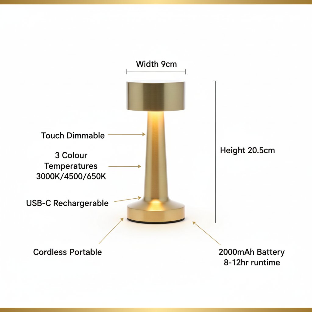 Gold Nordic LED Metal Retro Table Lamp dimensions features 9cm x 20.5cm touch dimmable USB-C cordless specs