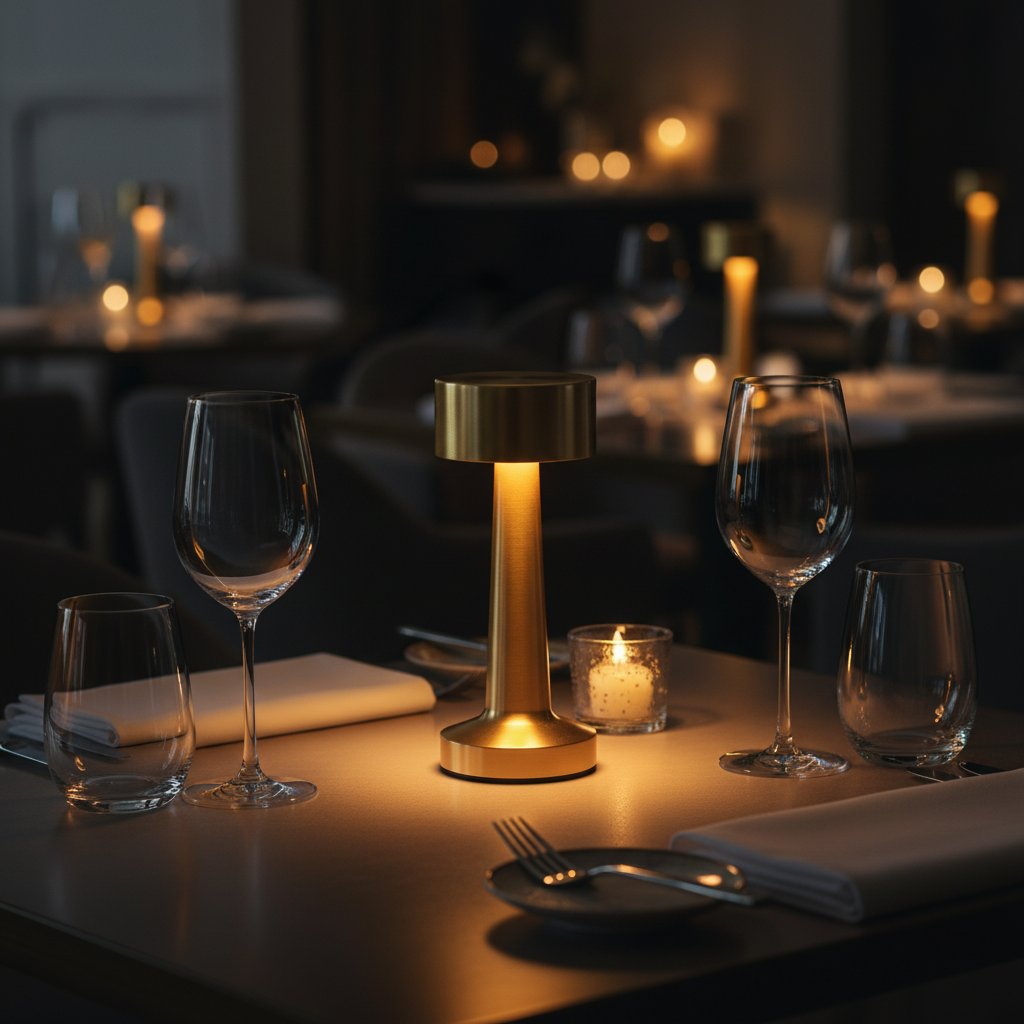 Gold Nordic LED Metal Retro Table Lamp on restaurant cafe table elegant cordless rechargeable dining lamp
