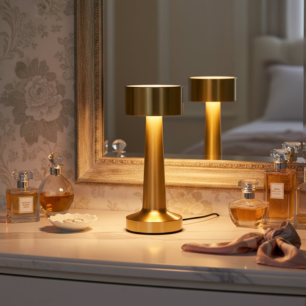 Gold Nordic LED Metal Retro Table Lamp on bedroom vanity dresser luxurious warm glow rechargeable LED