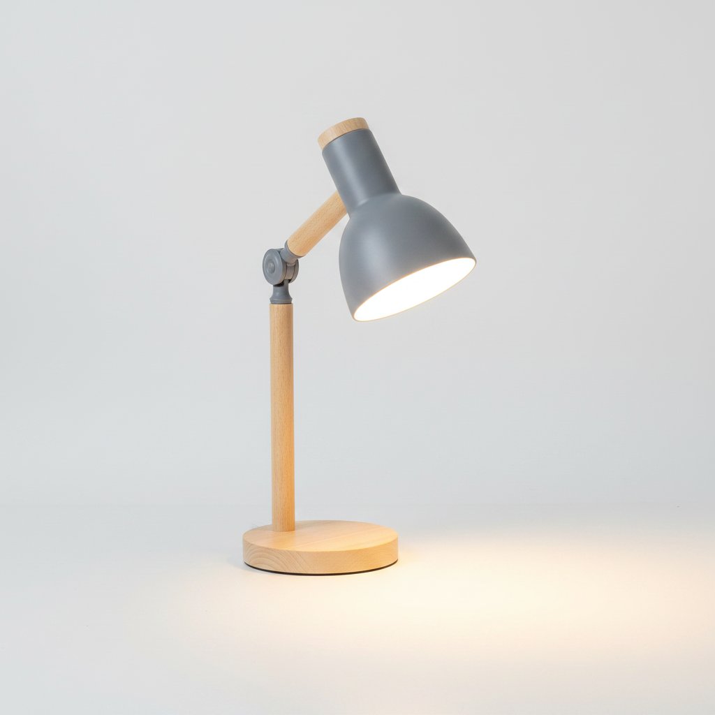 Grey desk lamp turned on - warm light glow showcase