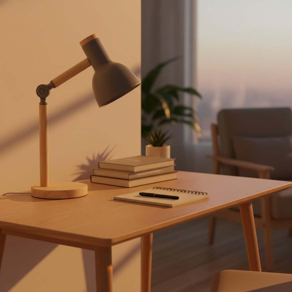 Grey desk lamp Scandinavian study desk - warm evening lifestyle