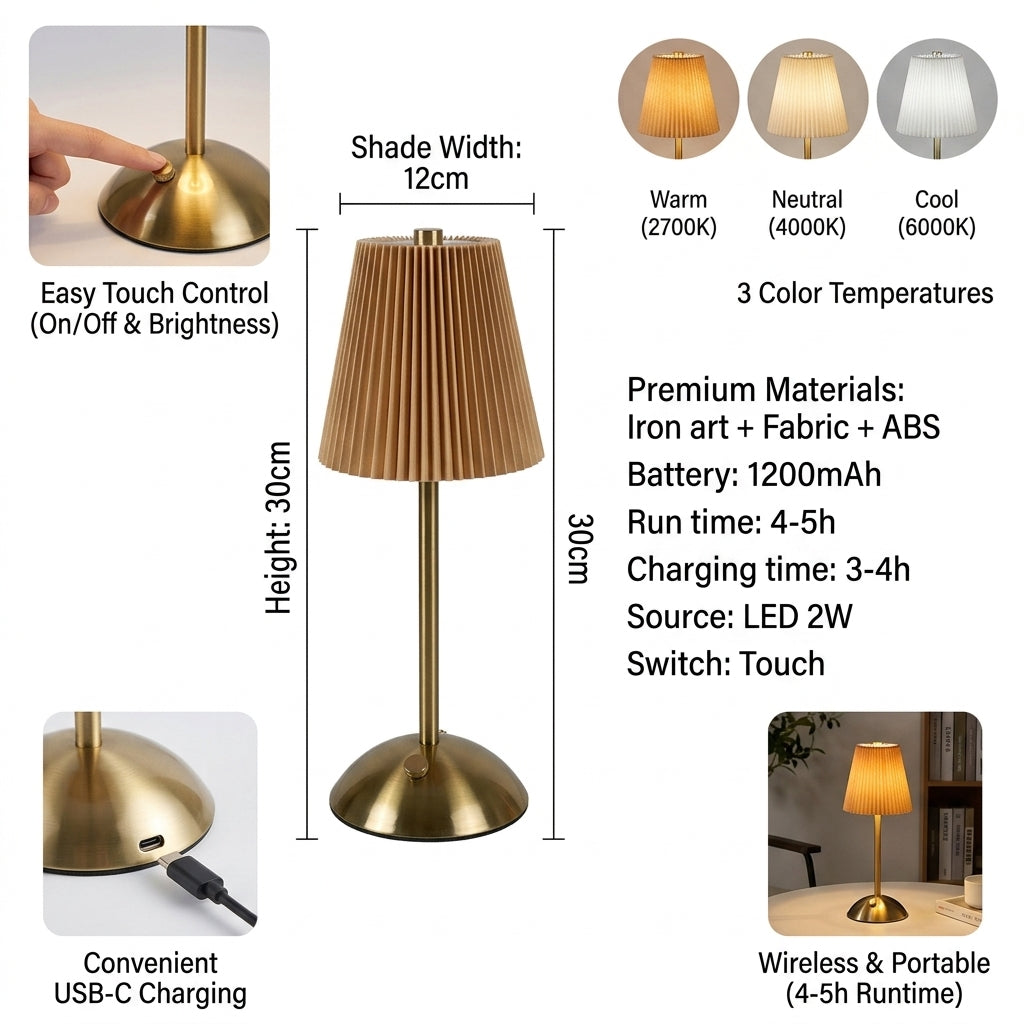 Modern Minimalist Pleated Fabric Table Lamp - Rechargeable Touch Control