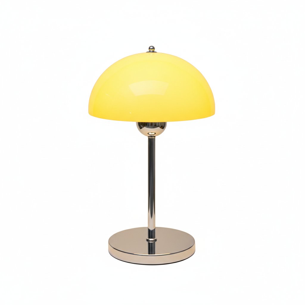 Acrylic Bauhaus table lamp translucent yellow dome shade chrome base white background