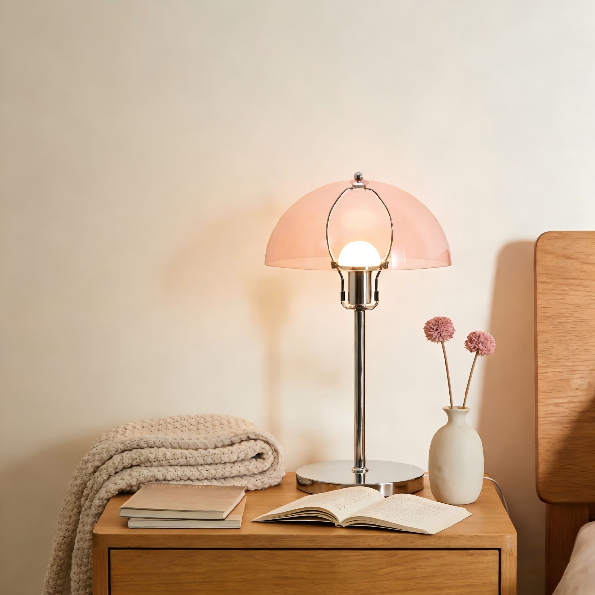 Bauhaus acrylic table lamp glowing translucent yellow bedside lifestyle
