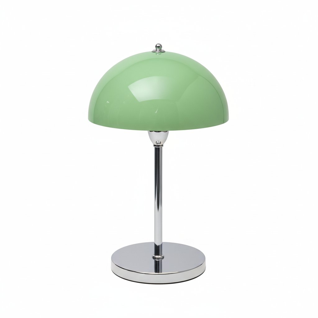 Acrylic Bauhaus table lamp mint green dome shade chrome base white background
