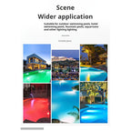 Outdoor swimming pool at night with coloured LED pool lights