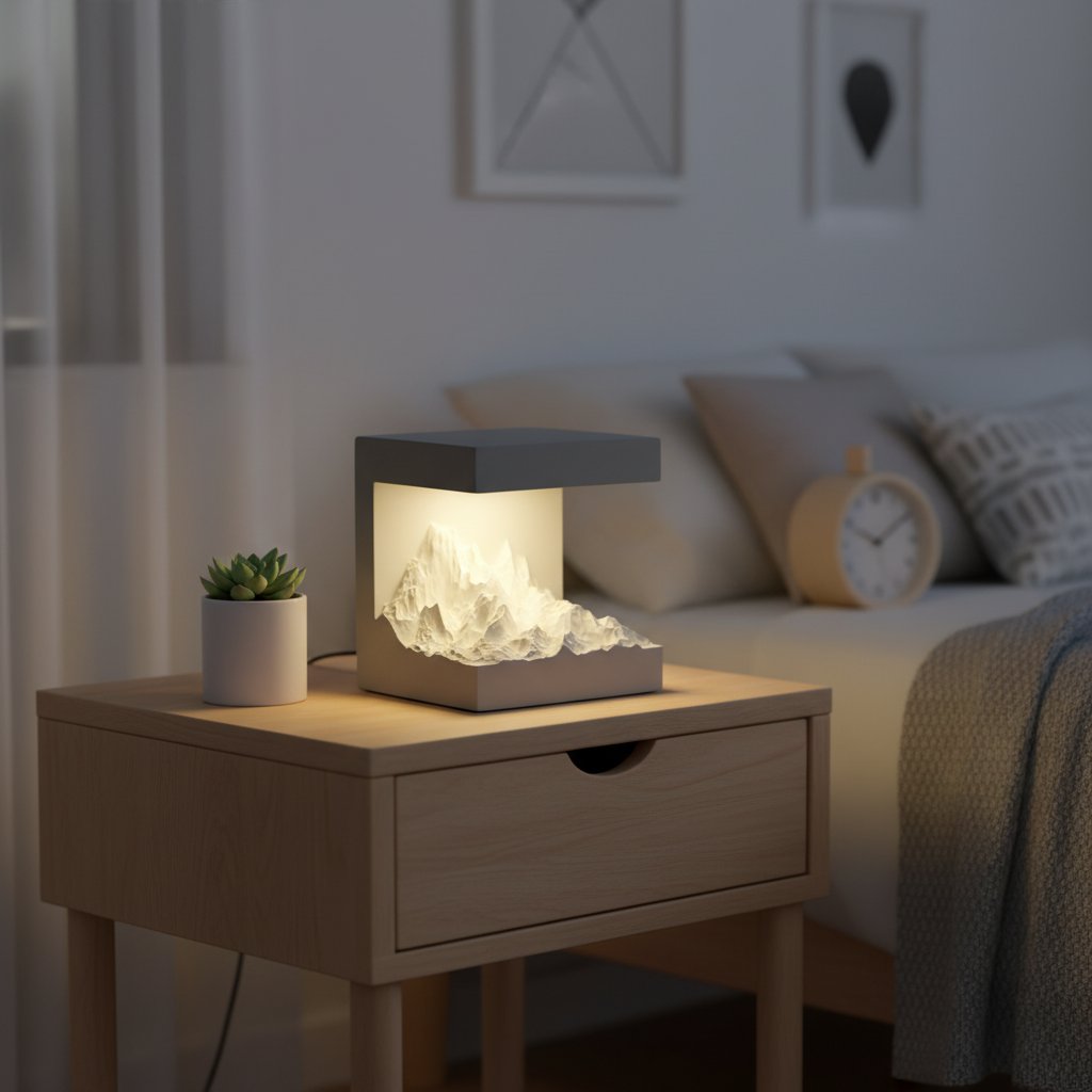 mountain LED lamp - cozy bedroom bedside table lifestyle