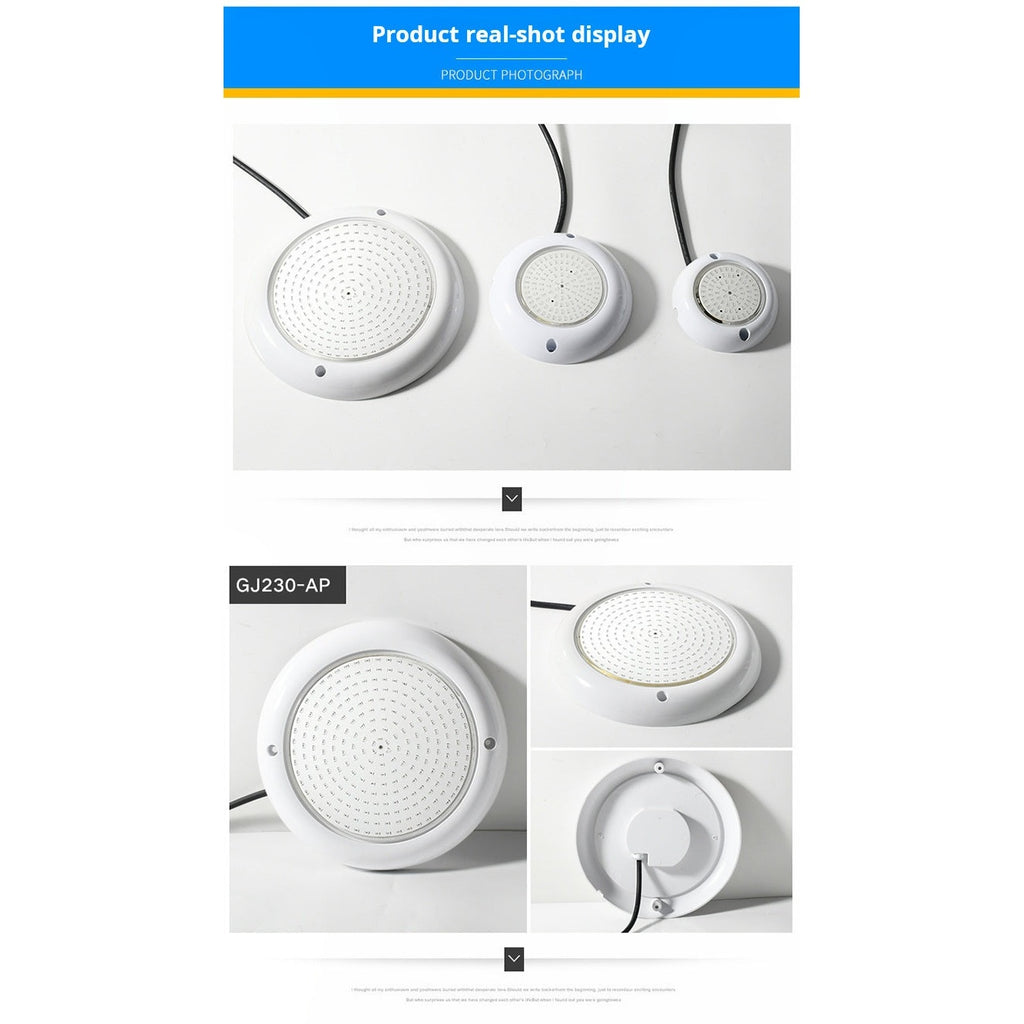 LED underwater pool light sizes - front and back view