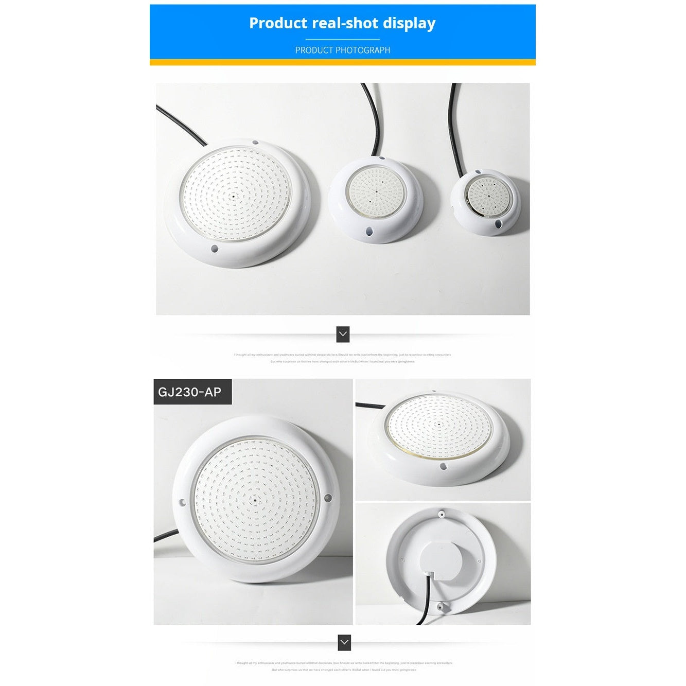 LED underwater pool light sizes - front and back view