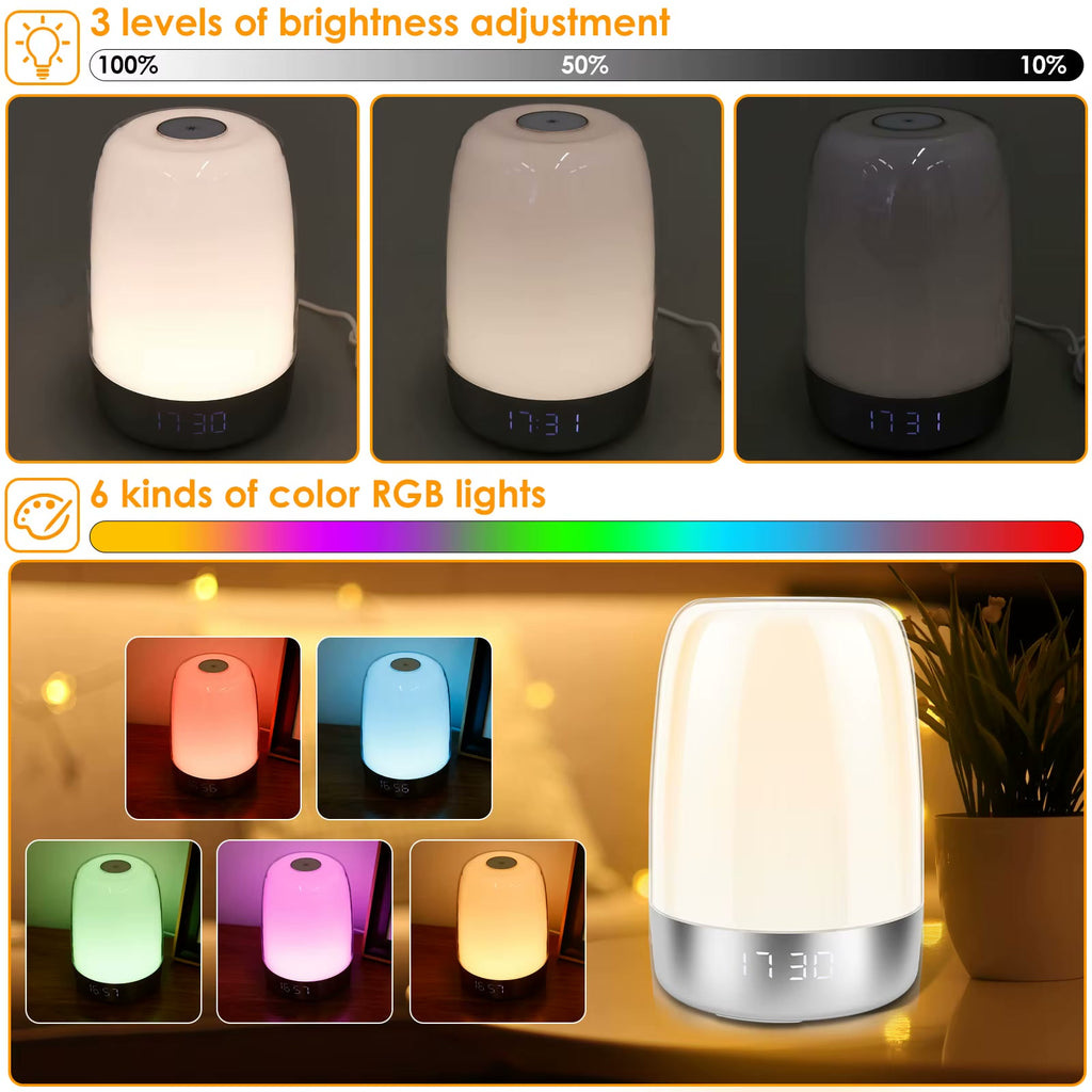 3 brightness levels and 6 RGB colour modes - sunrise alarm clock features