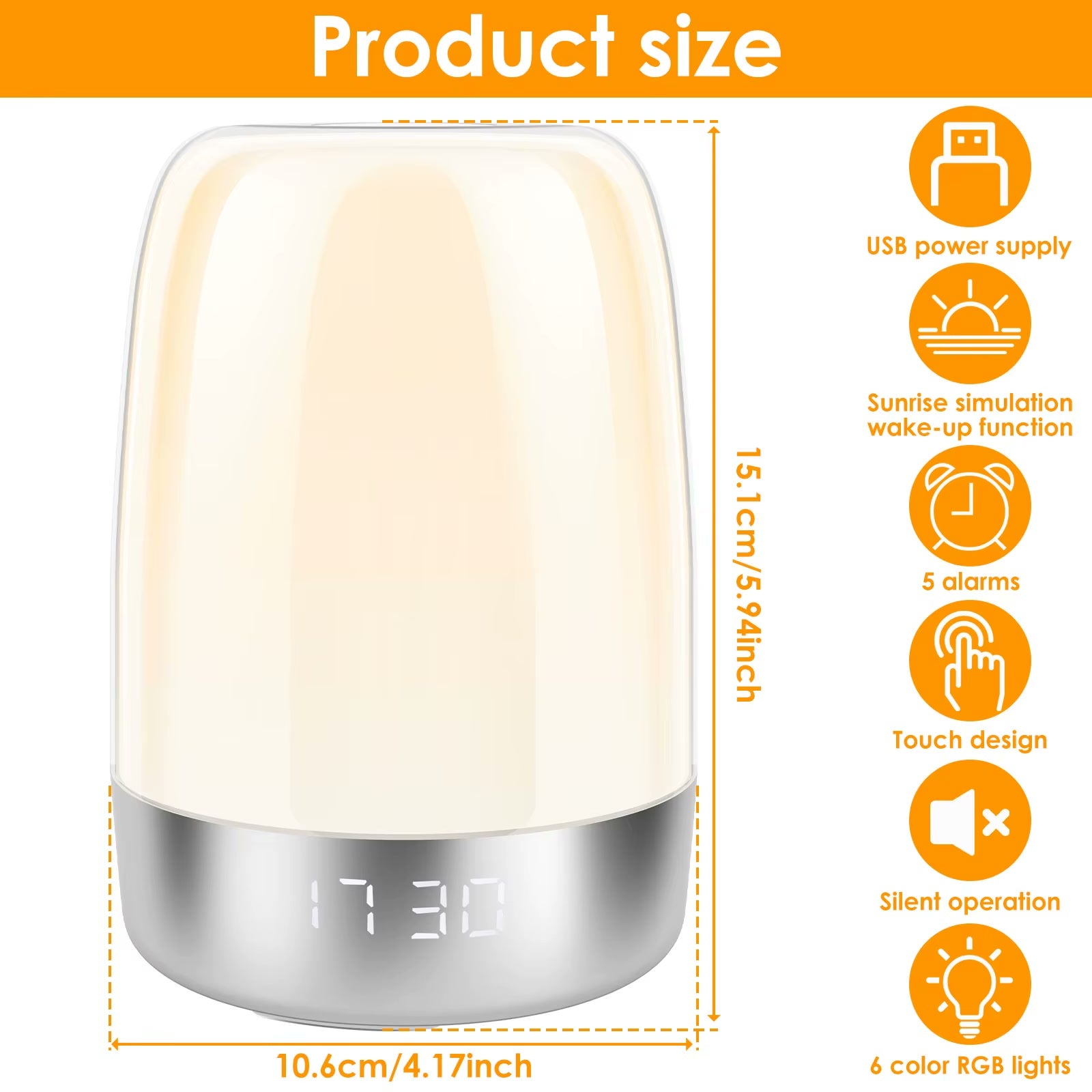 Product dimensions and features - USB powered, 5 alarms, touch control, RGB