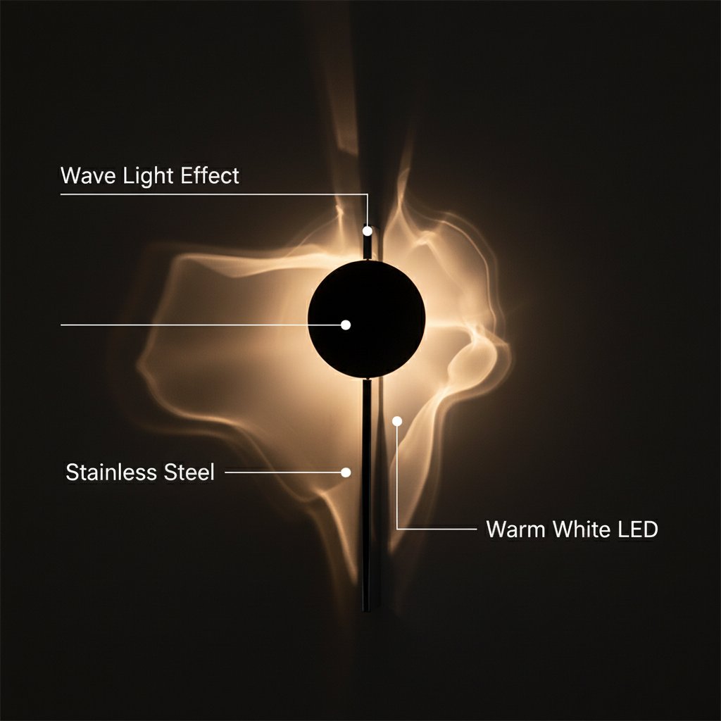 Wave LED wall lamp feature callouts - wave light effect, stainless steel, warm white LED