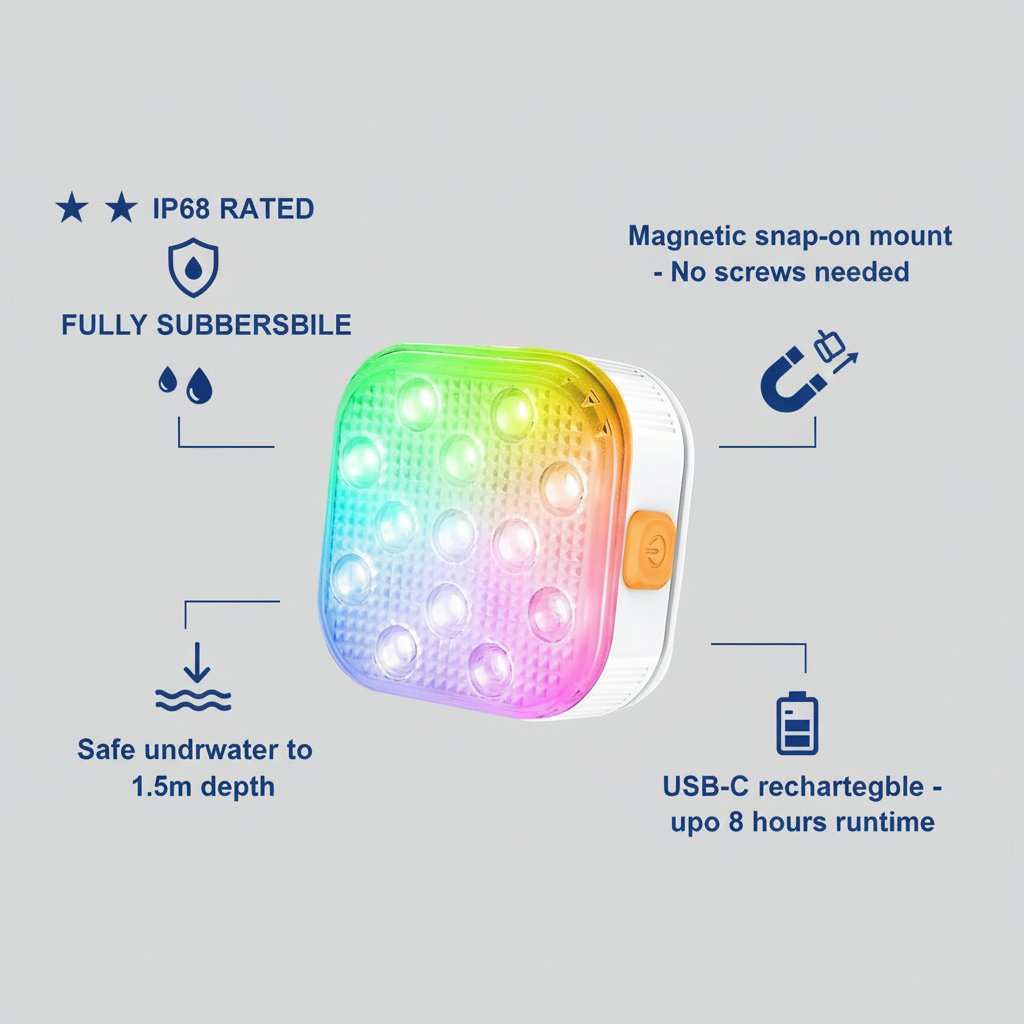 IP68 waterproof pool light infographic - submersible rating and magnetic mount features