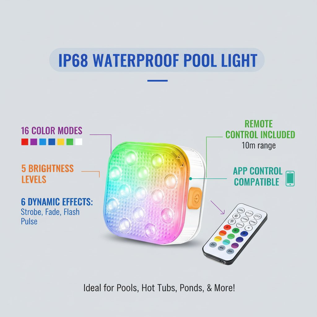 IP68 pool light remote control features - 16 colors, 6 dynamic modes, 5 brightness levels