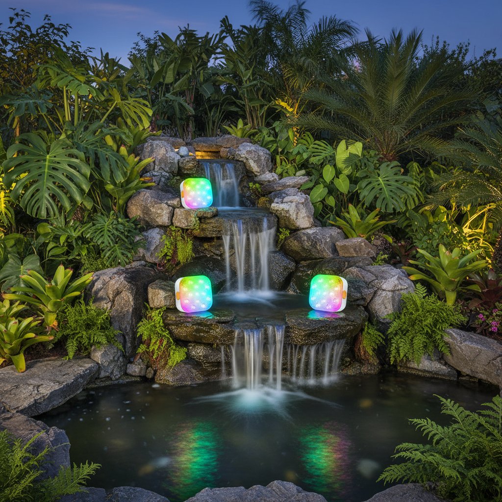 4-Pack IP68 wireless LED pool lights illuminating garden water feature at dusk