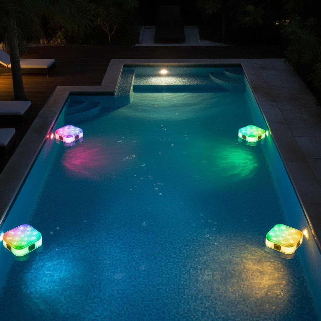 4-Pack IP68 RGB pool lights glowing underwater at night creating colorful light show