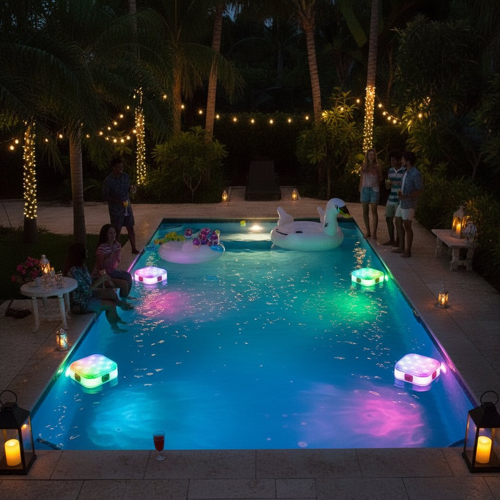 4-Pack IP68 RGB pool lights creating vibrant party atmosphere in backyard pool