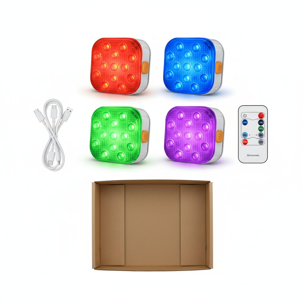 4-Pack IP68 pool lights complete unboxing - 4 lights, USB-C cables, remote control