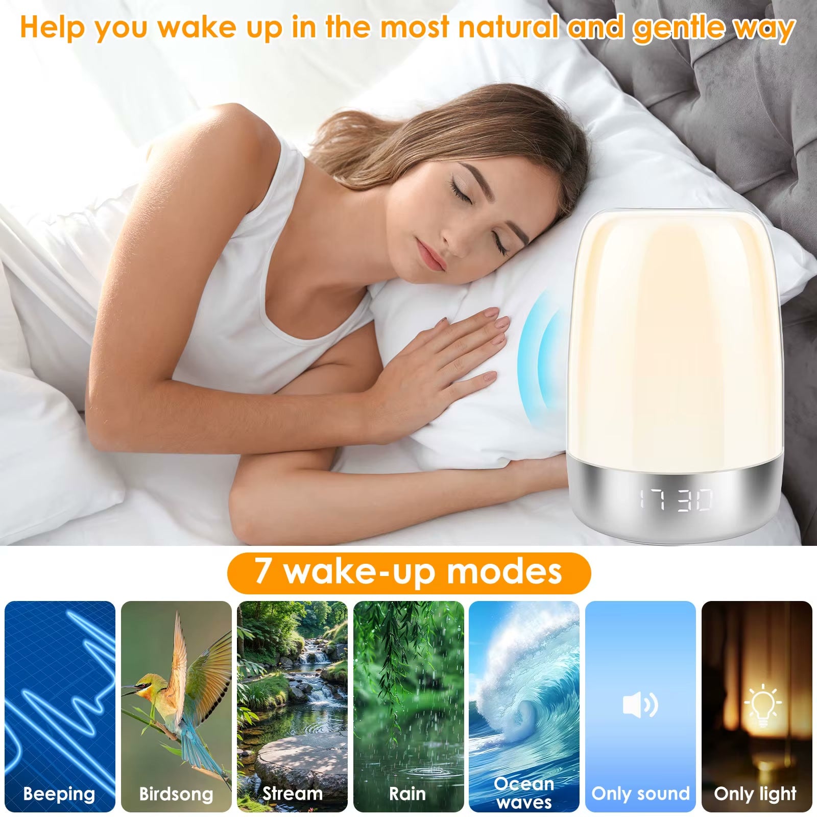 Sunrise Alarm Clock with 7 wake-up sound modes - gentle bedroom wake-up