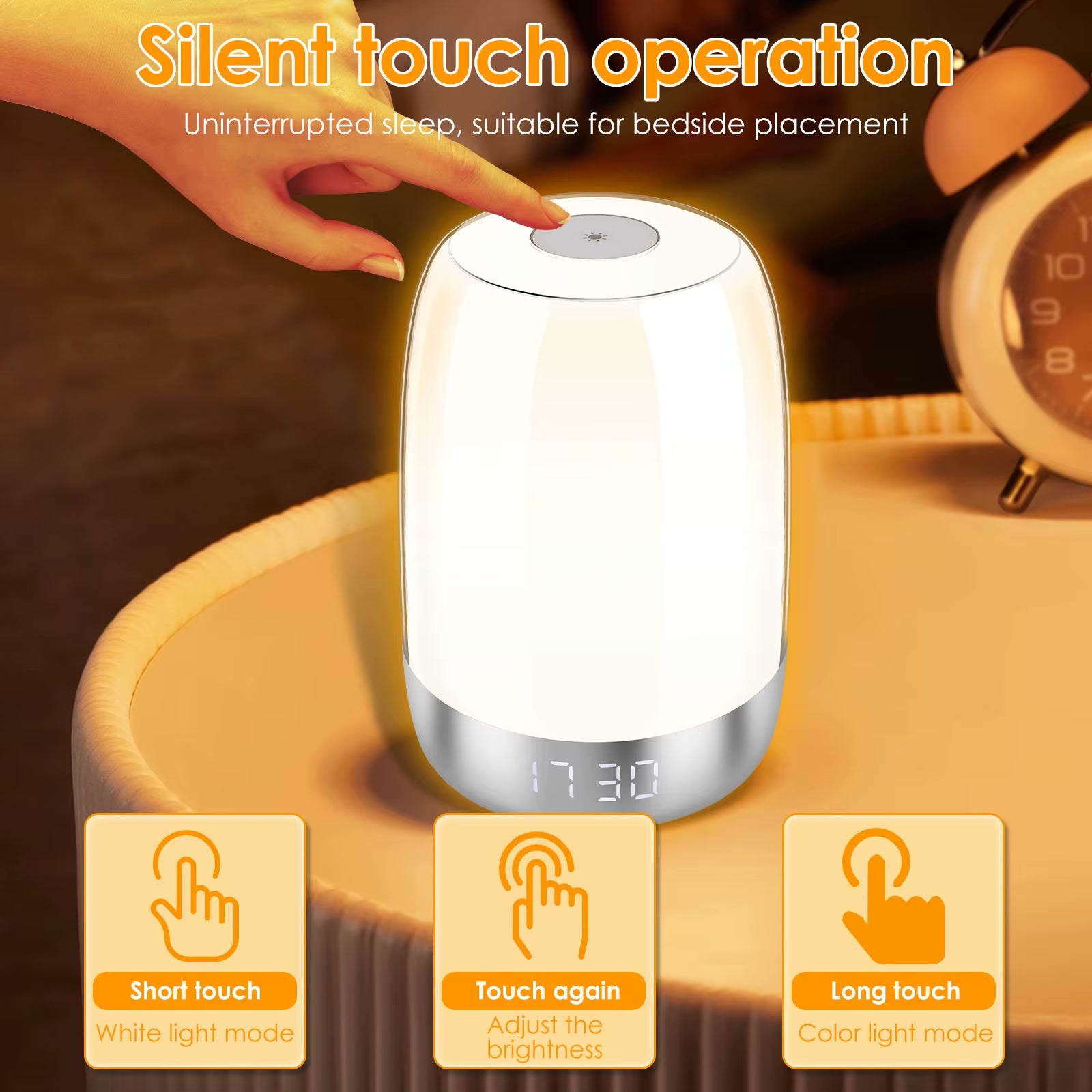 Touch control sunrise alarm clock - silent operation on bedside table