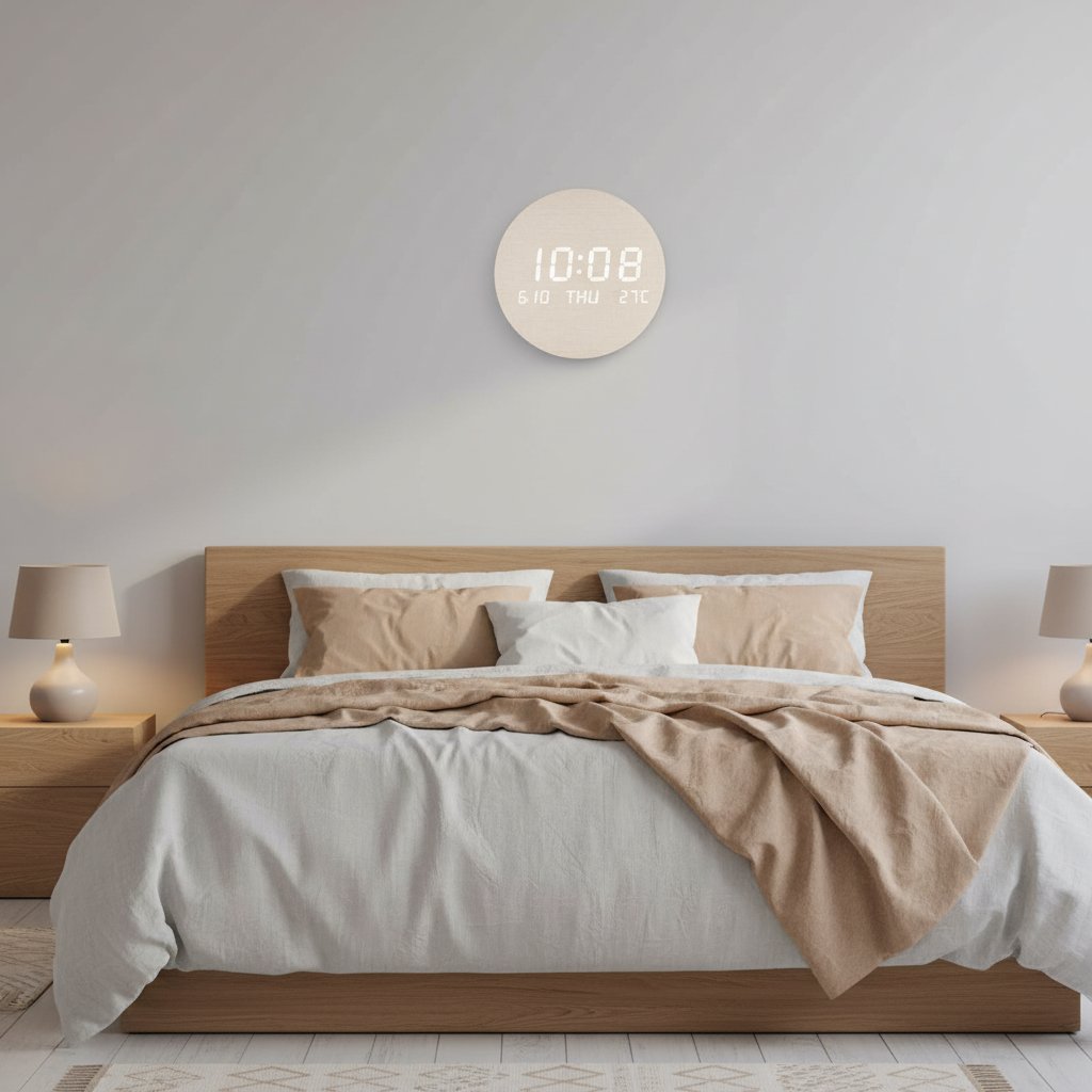 LED wall clock Cotton Linen finish mounted in Scandinavian bedroom setting