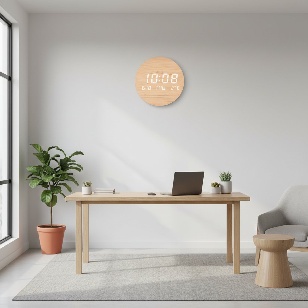 Nordic LED wall clock Solid Wood finish in modern home office workspace