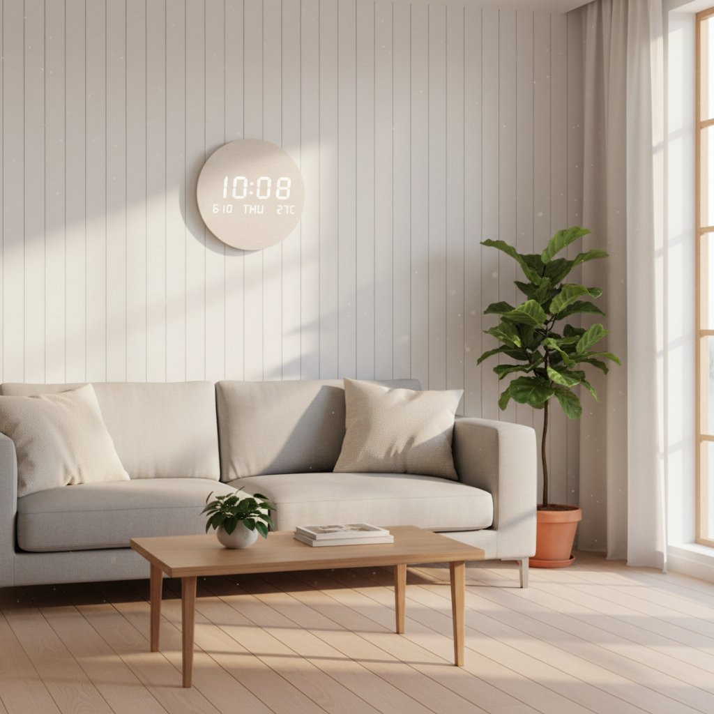 LED wall clock Cotton Linen on feature wall in bright minimalist living room