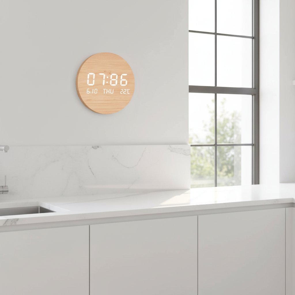 Digital wall clock Solid Wood finish in modern kitchen with temperature display