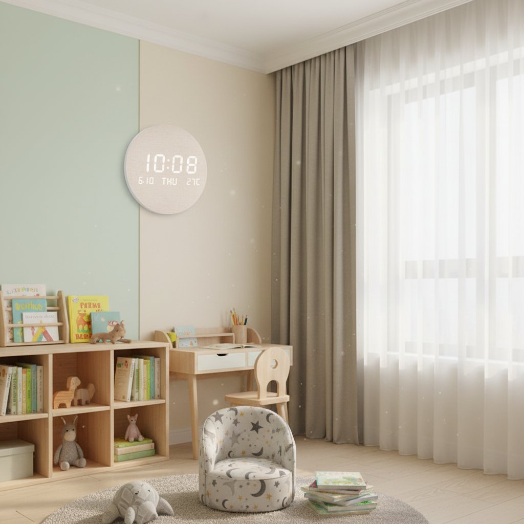 Silent LED wall clock Cotton Linen in peaceful nursery children room