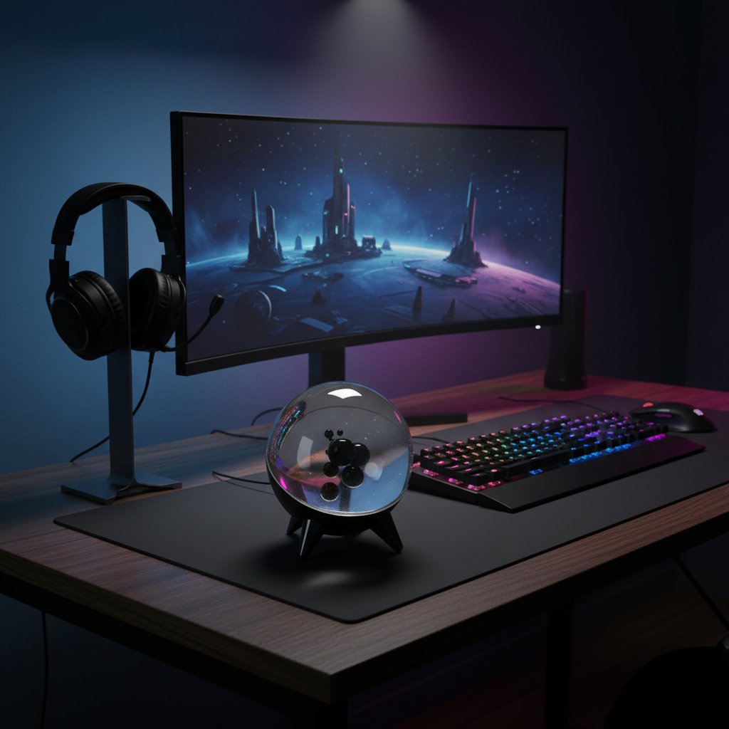 Black ferrofluid lamp on gaming desk setup - RGB keyboard background