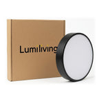 22cm black slim round LED ceiling light, with its Lumiliving box