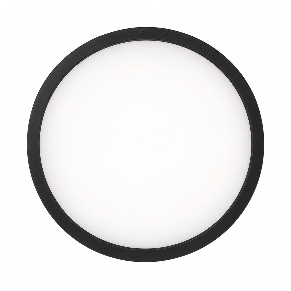 22cm black slim round LED ceiling light, lit, straight on