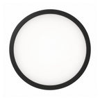 22cm black slim round LED ceiling light, lit, straight on