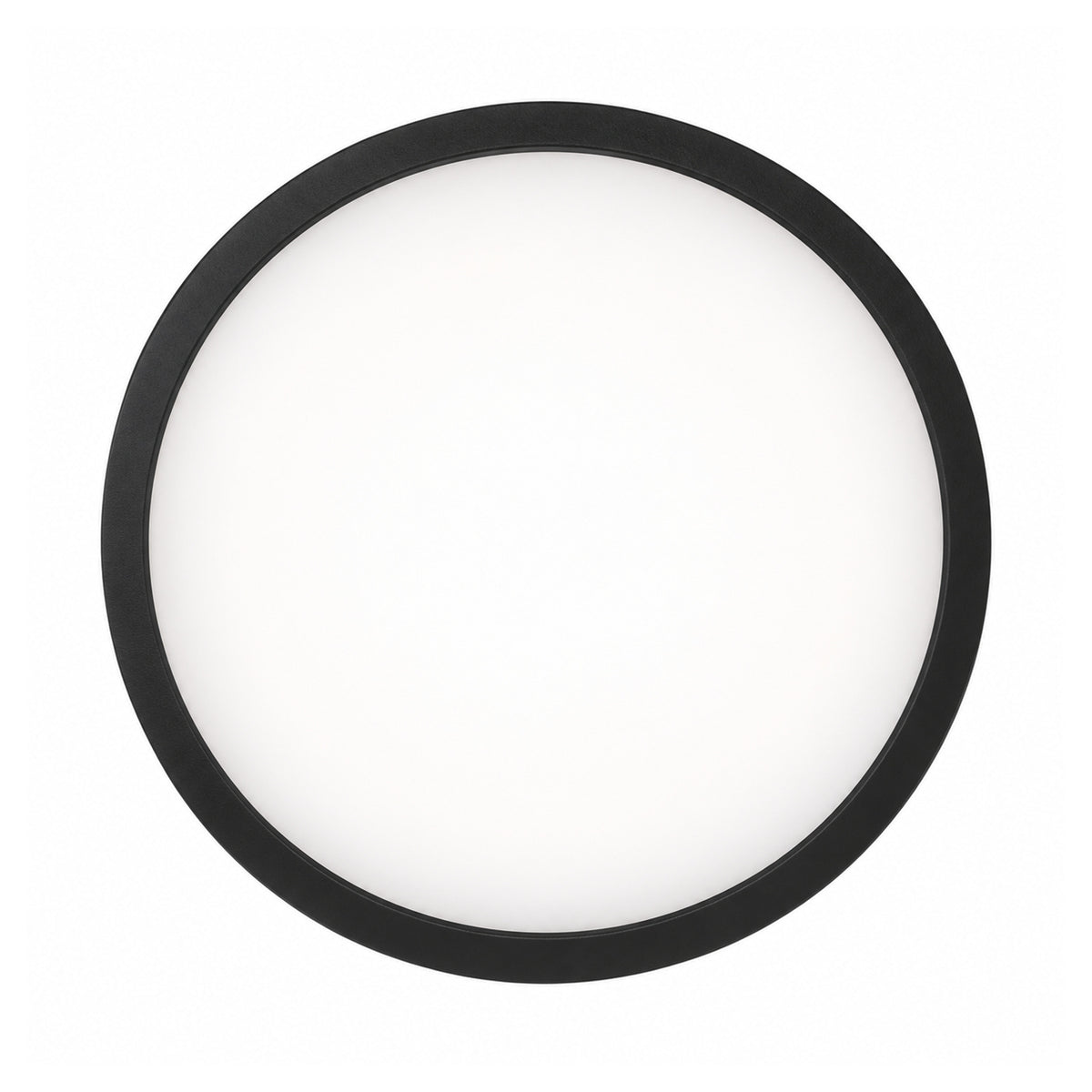 22cm black slim round LED ceiling light, lit, straight on