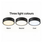 22cm black slim round LED ceiling light, three light colours: warm, neutral, cool