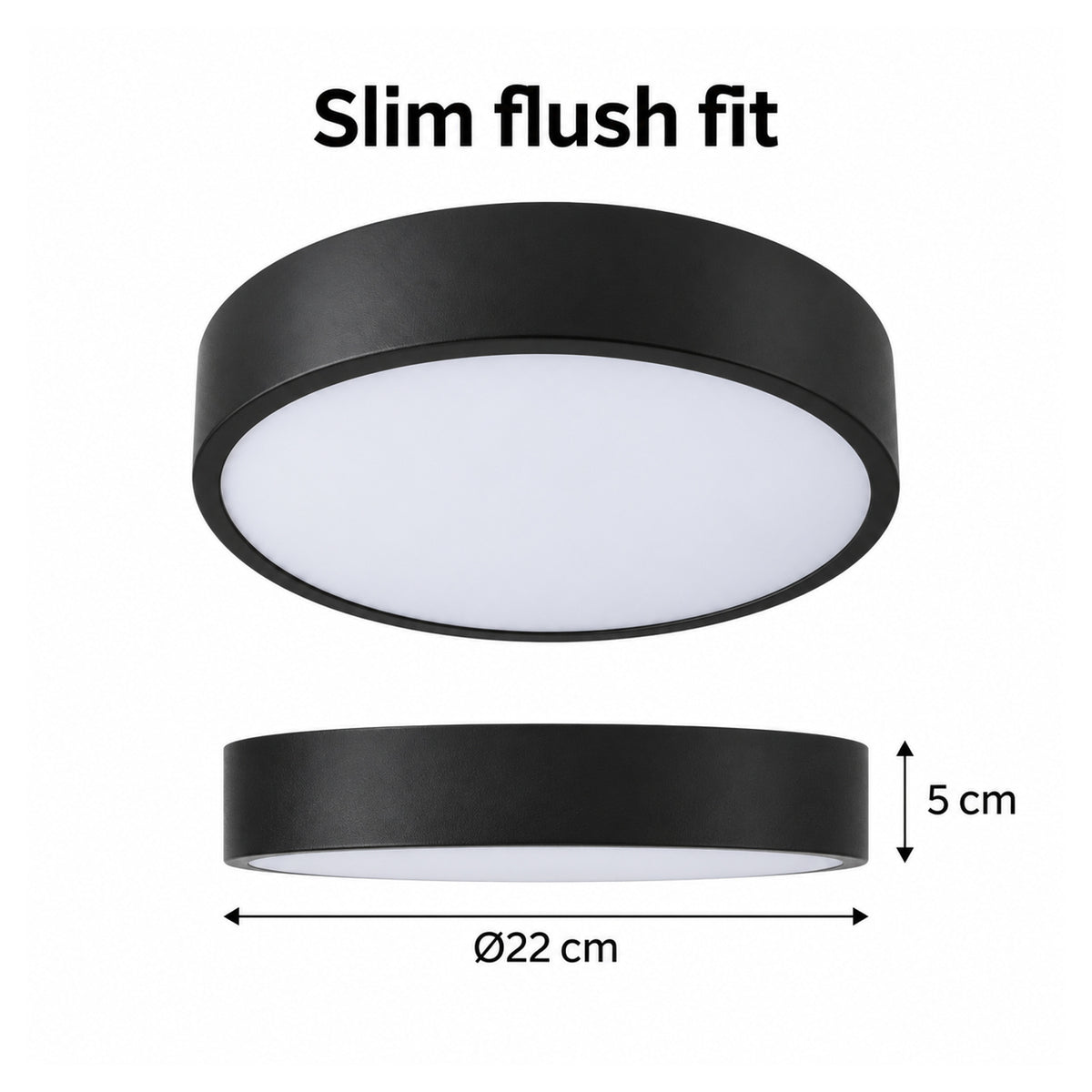 22cm black slim round LED ceiling light, 5 cm slim profile and diameter
