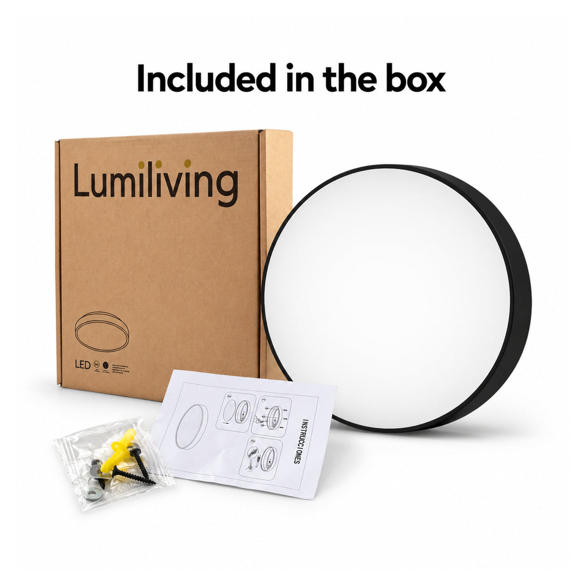 22cm black slim round LED ceiling light, what's in the box
