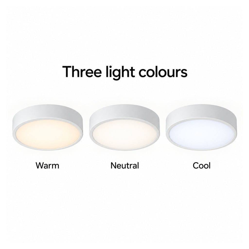 22cm white slim round LED ceiling light, three light colours: warm, neutral, cool