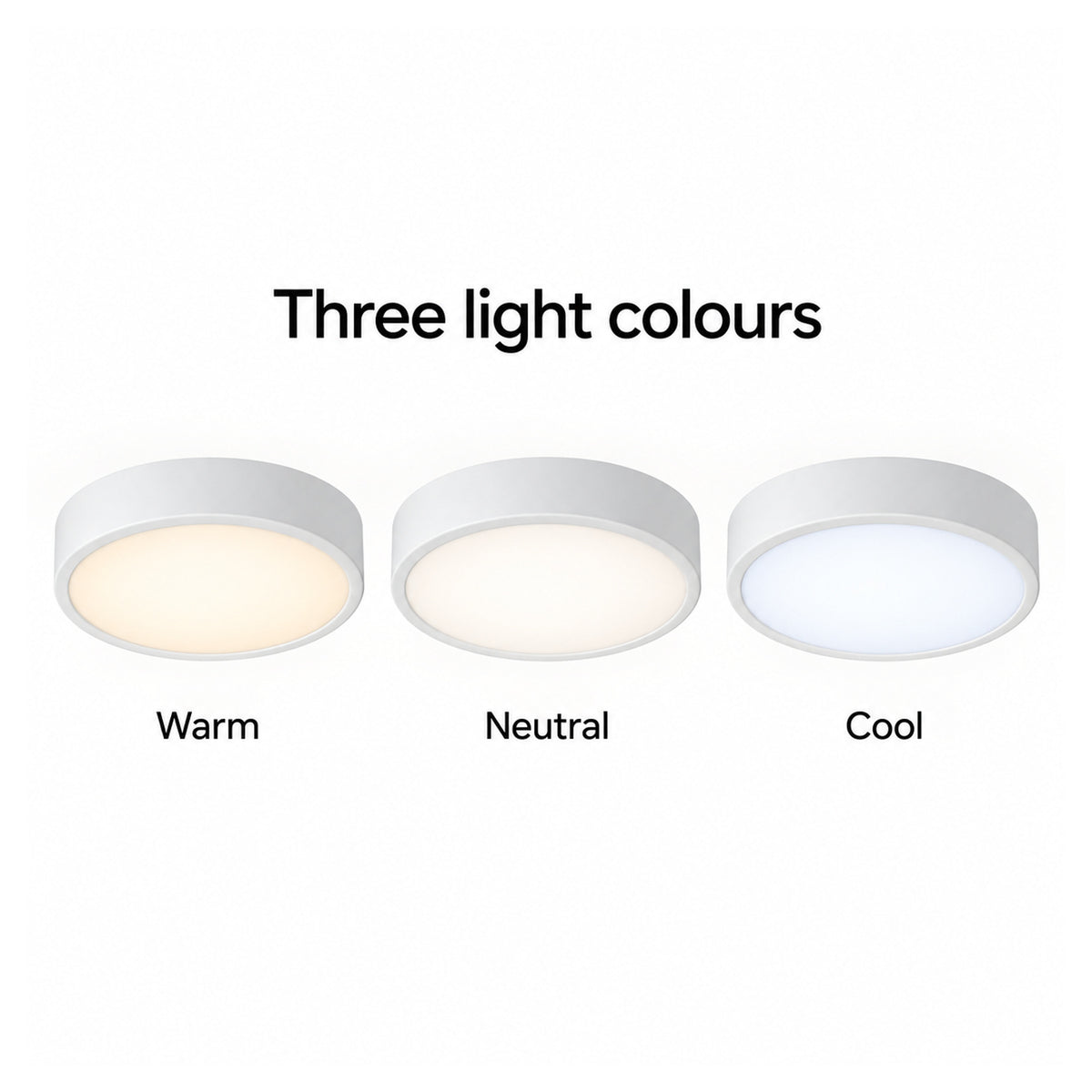 22cm white slim round LED ceiling light, three light colours: warm, neutral, cool