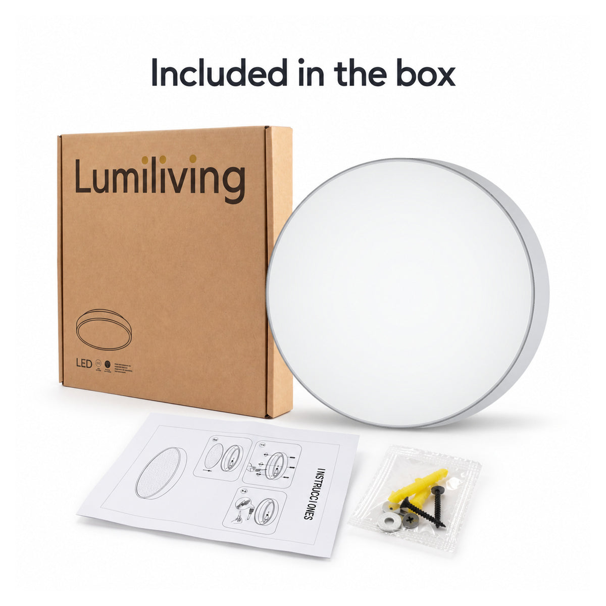22cm white slim round LED ceiling light, what's in the box