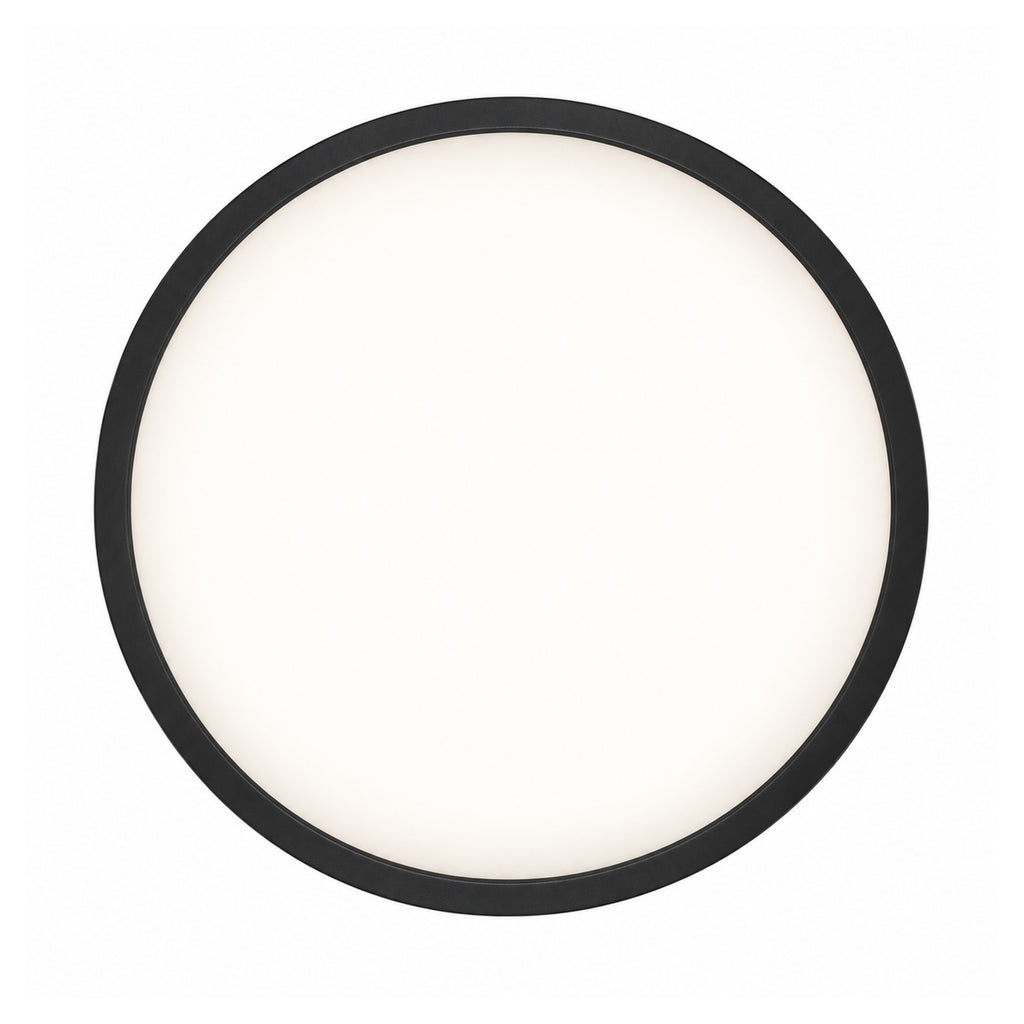 30cm black slim round LED ceiling light, lit, straight on